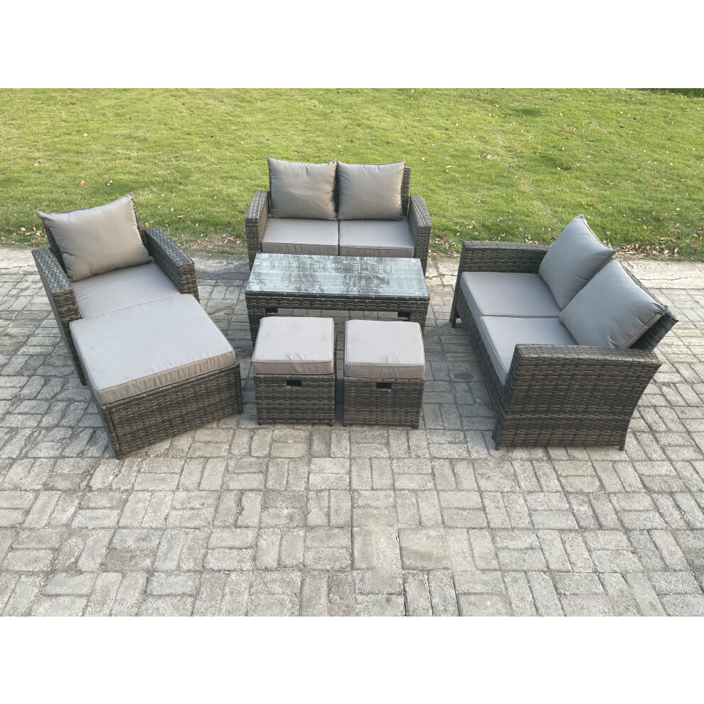 Outdoor Rattan Patio Furniture Set Garden Lounge Sofa Set with 3 Footstools Coffee Table Dark Grey Mixed