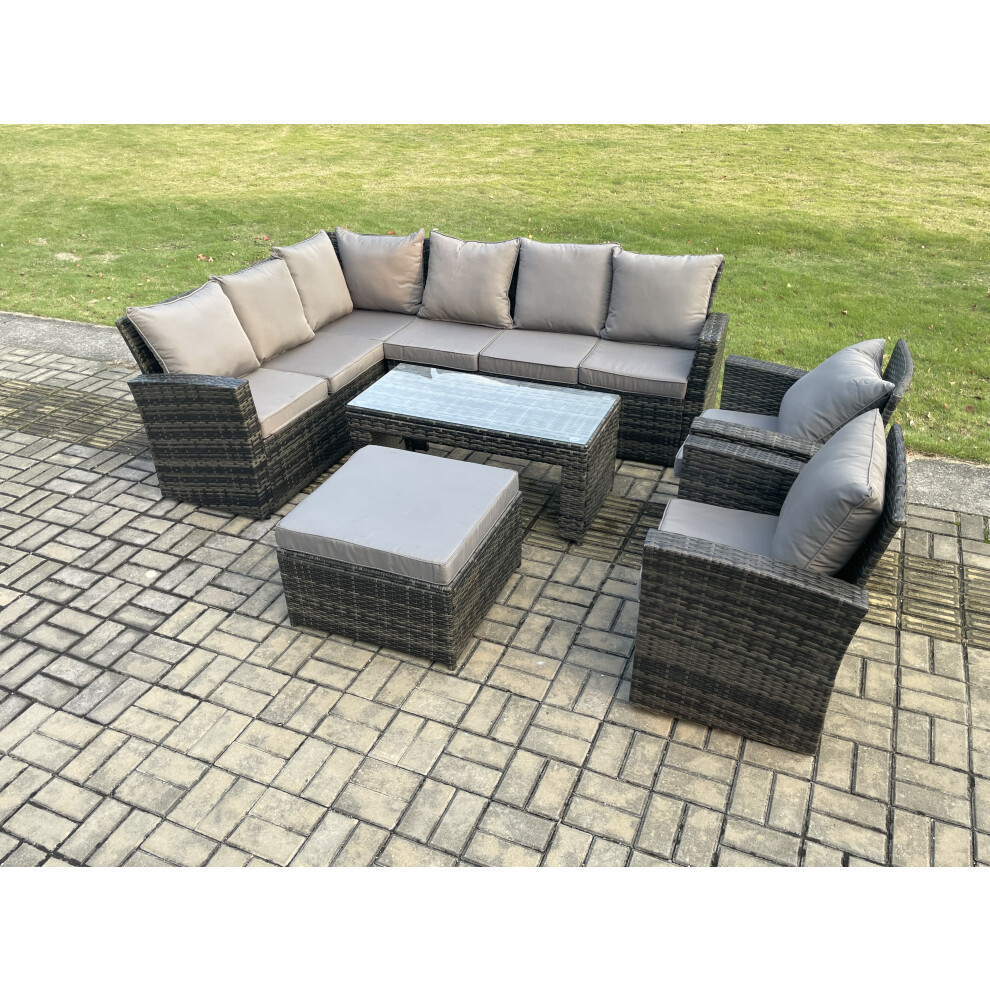 Fimous Outdoor Furniture Garden Dining Set Rattan Corner Sofa Set With 2 Armchairs Big Footstool Dark Mixed Grey