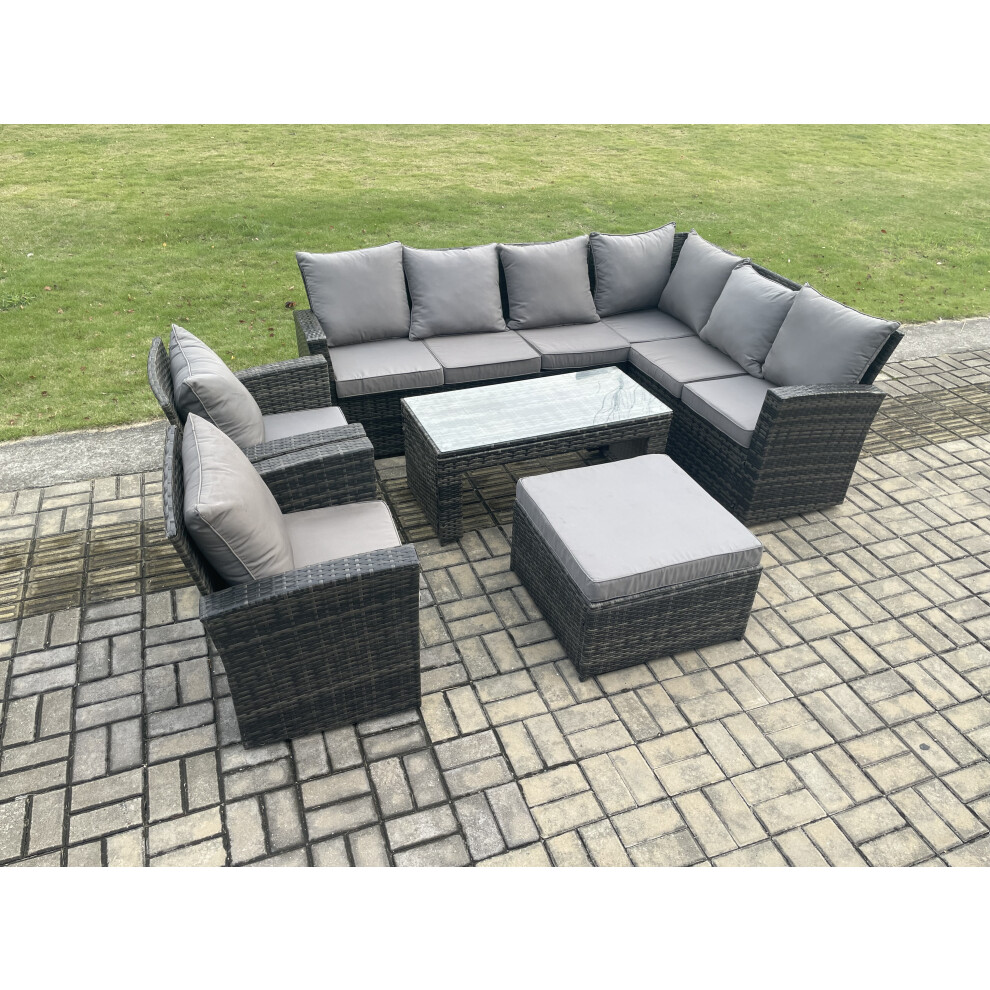 Rackhams Dark/Grey Rattan Corner Sofa Garden Furniture Set With Big Footstool Rectangular Coffee Table 2 Armchairs With Cushion Mixed - Image 2