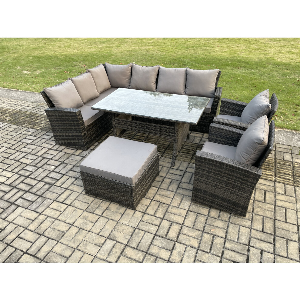 Fimous 9 Seater High Back Rattan Garden Furniture Set Corner Sofa With Rectangular Dining Table 2 Arm Chairs Big Footstool