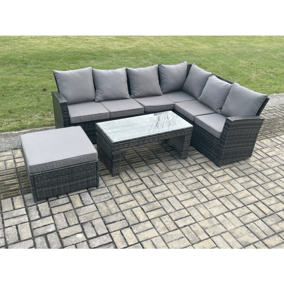 B&Q - Rattan Corner Sofa Garden Furniture Set With Big Footstool Rectangular Coffee Table With Cushion Dark Grey Mixed - Image 2
