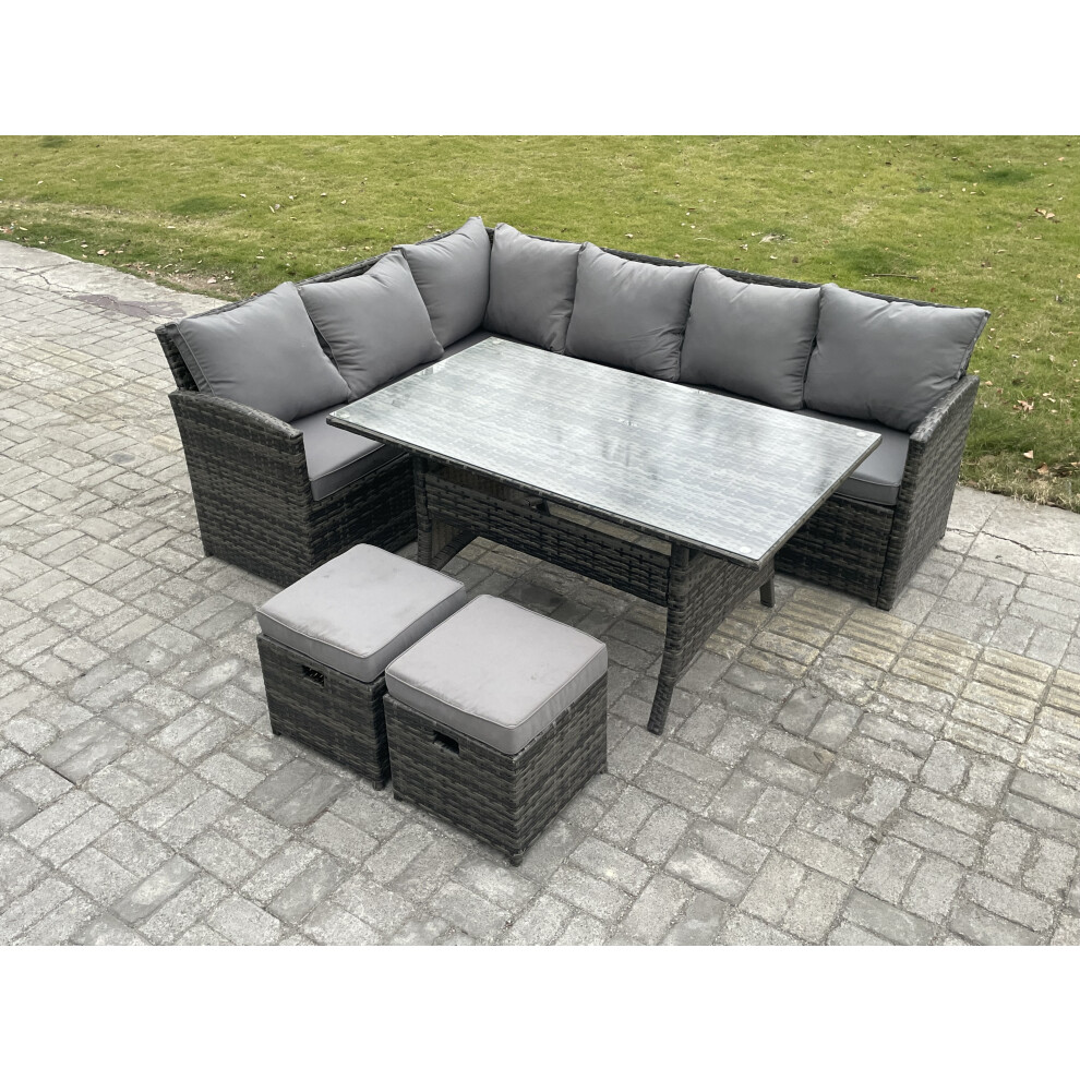 Fimous Outdoor Rattan Garden Furniture Corner Sofa Set with Rectangular Dining Table 2 Small Footstools Patio Wicker Rattan Set Dark Grey Mixed