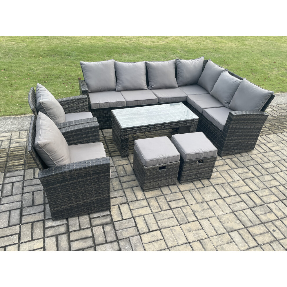 Fimous Dark/Grey Rattan Corner Sofa Garden Furniture Set With 2 Small Footstools Rectangular Coffee Table 2 Armchairs With Cushion Mixed - Image 2