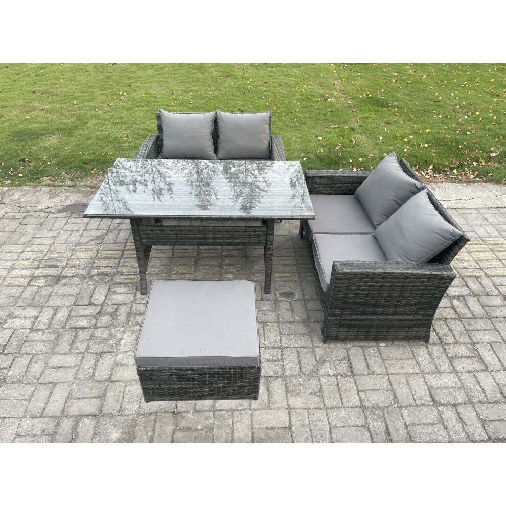 Fimous Dark Pe Wicker Rattan Garden Furniture Set Love Sofa Outdoor Rectangular Dining Table Big Footstool Grey
