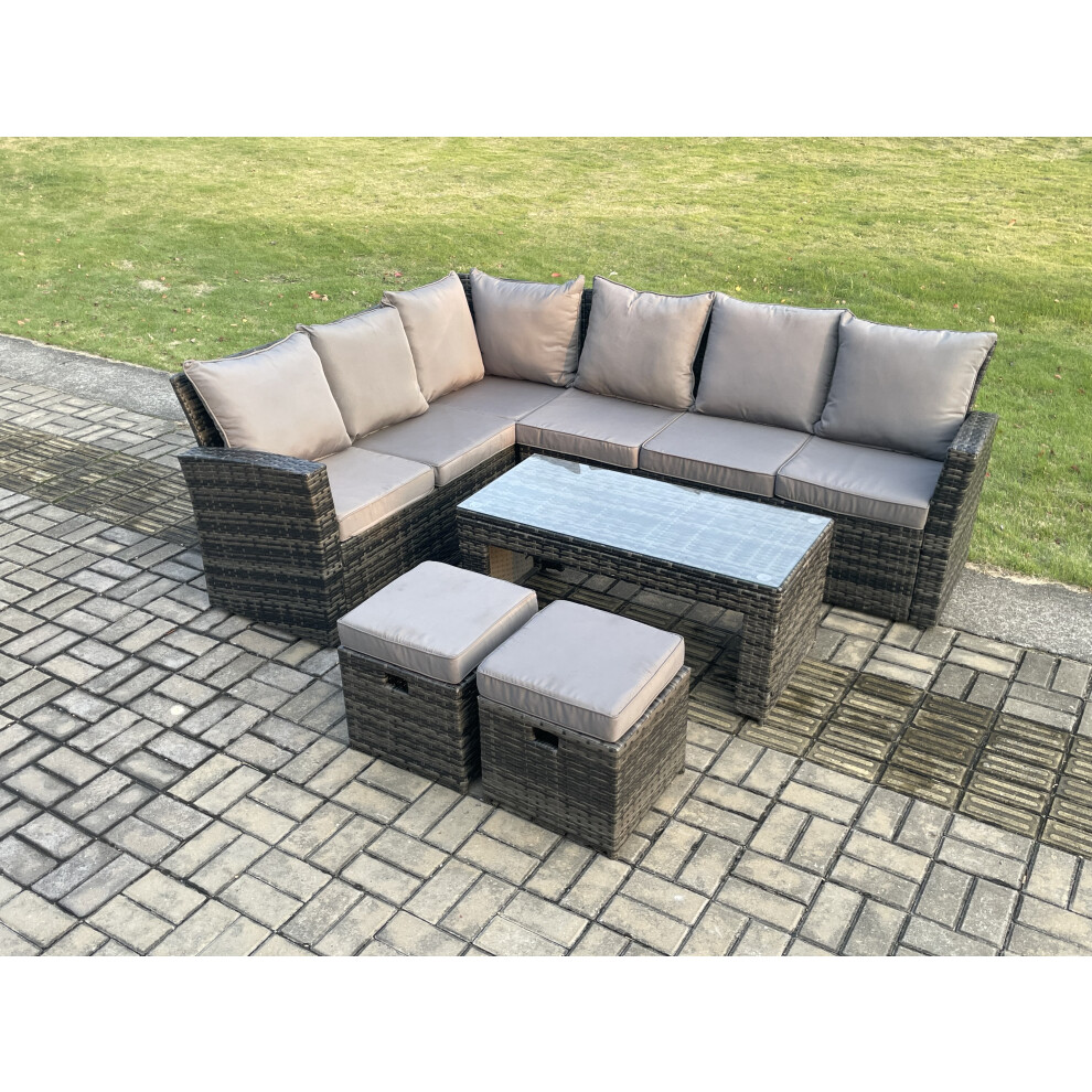 Fimous Unisex Dark Grey 8 Seat Rattan Garden Furniture Corner Sofa Set Outdoor Patio Sofa Table Set With 2 Footstools Mixed Small - Image 2