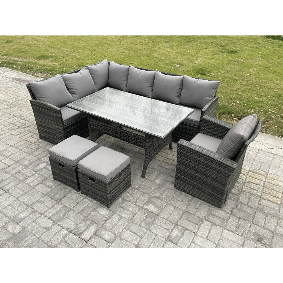 Fimous Outdoor Rattan Garden Furniture Corner Sofa Set With Rectangular Dining Table 2 Small Footstools Armchair Patio Wicker Rattan Set