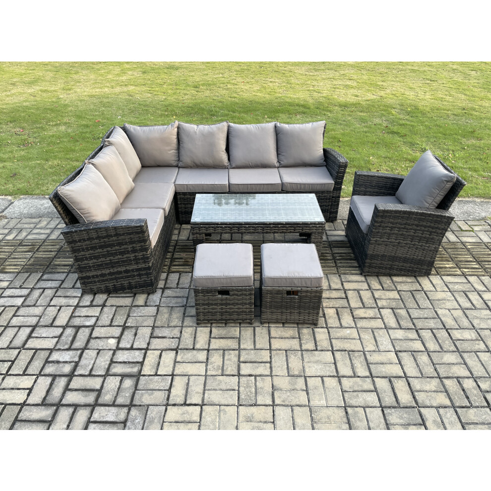 Fimous 9 Seat Rattan Garden Furniture Corner Sofa Set Outdoor Patio Sofa Chair Table Set With 2 Small Footstools Dark Grey Mixed