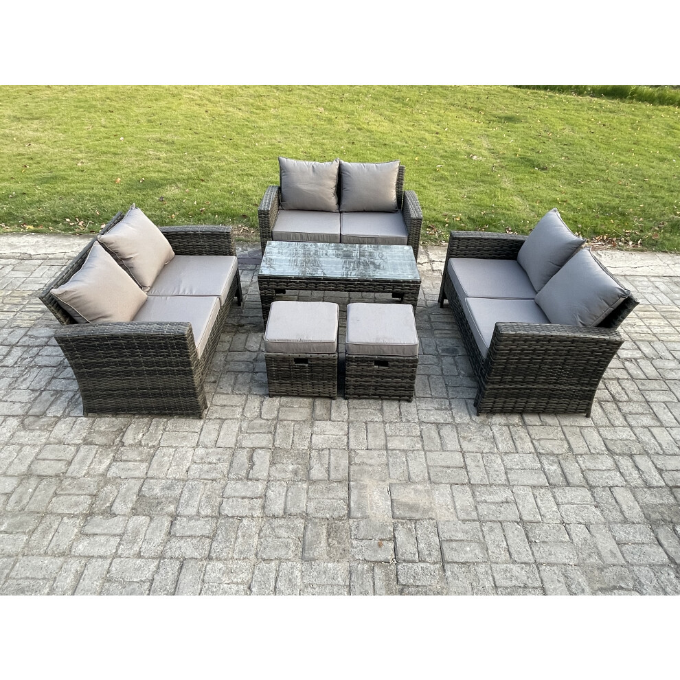 Fimous Outdoor U Shape Sofa Set Wicker PE Rattan Garden Furniture Set with Coffee Table Double Seat Sofa 2 Small Footstools Dark Grey Mixed