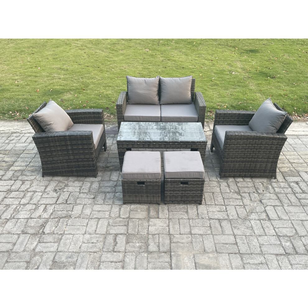 B&Q - 6 Seater Outdoor Rattan Garden Furniture Set Patio Lounge Sofa Set With Coffee Table 2 Small Footstools Dark Grey Mixed - Image 2