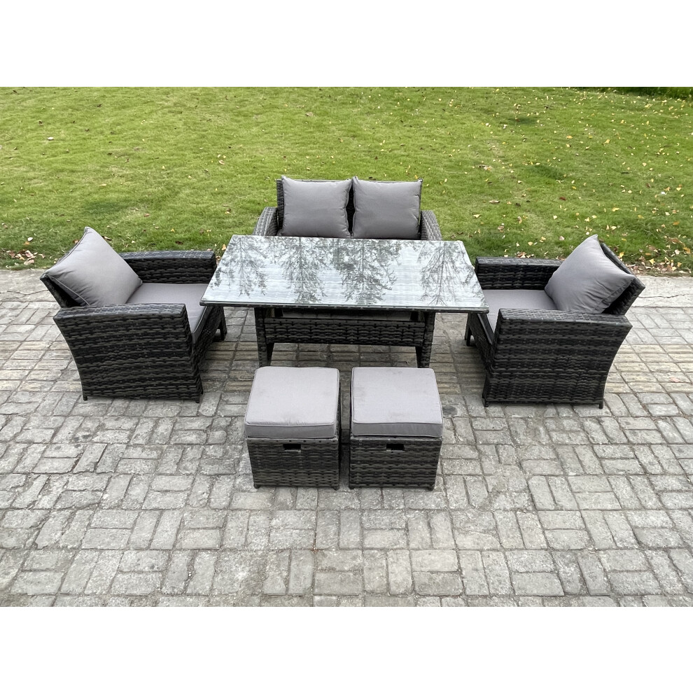 Rackhams Dark/Grey 6 Seater Pe Wicker Outdoor Garden Furniture Set Patio Furniture Rattan Rectangular Dining Table Lounge Sofa With 2 Small Footstools - Image 2