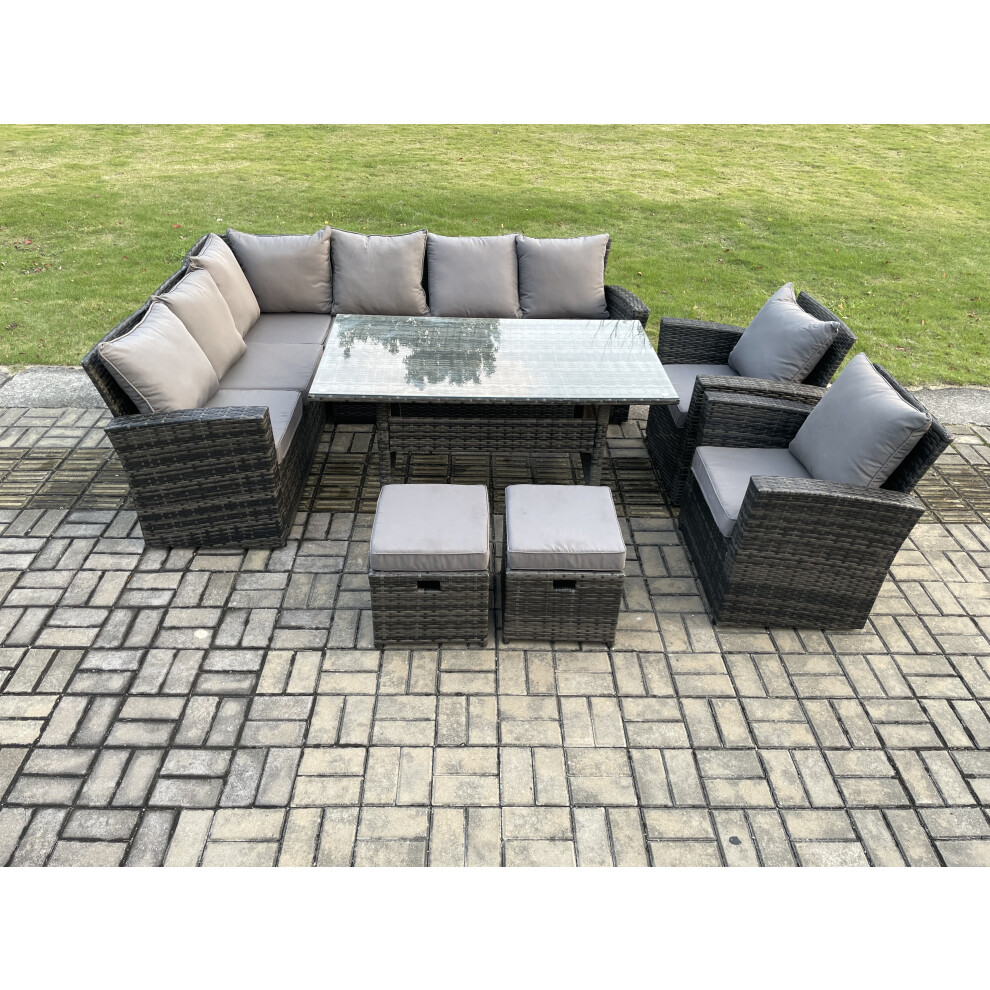Fimous 10 Seater Garden Rattan Furniture Corner Dining Set with 2 Small Footstools Armchair Indoor Outdoor Lounge Sofa Set Dark Grey Mixed