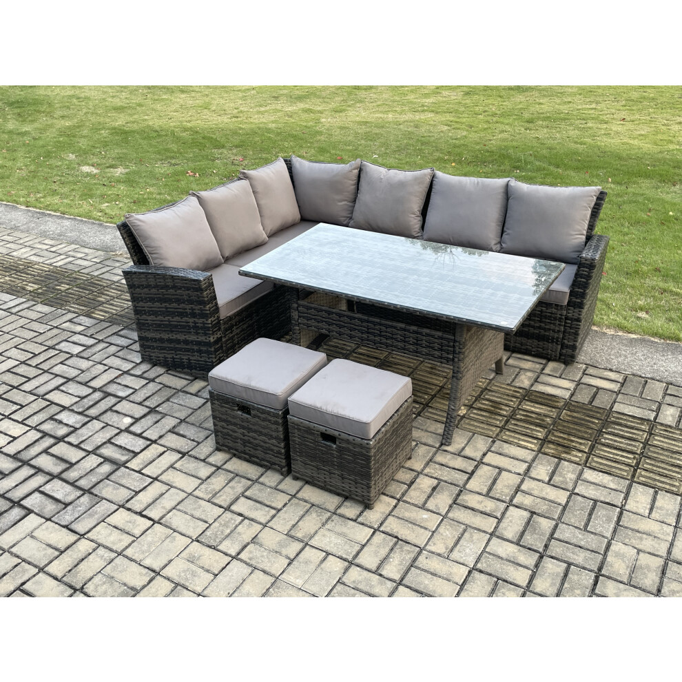 Fimous 8 Seater Garden Rattan Furniture Corner Dining Set With 2 Small Footstools Indoor Outdoor Lounge Sofa Set