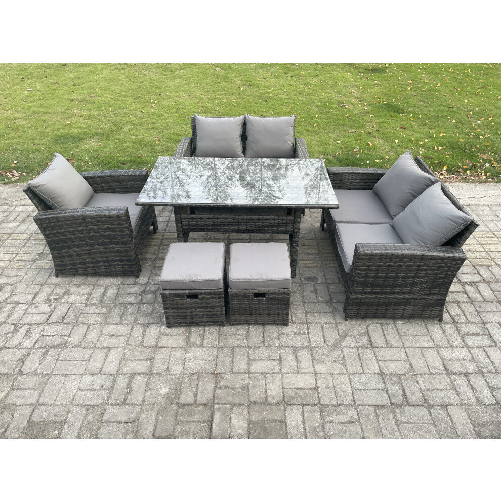 Fimous Unisex Dark Grey Wicker Rattan Garden Dining Set Outdoor Furniture Sofa With Dining Table Double Seat Sofa 2 Footstools Mixed Small - Image 2