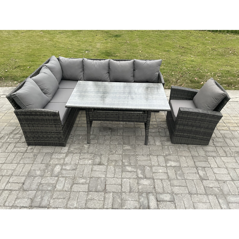 Rackhams Dark/Grey Outdoor Rattan Garden Furniture Corner Sofa Set With Rectangular Dining Table Armchair Patio Wicker Rattan Set Mixed - Image 2