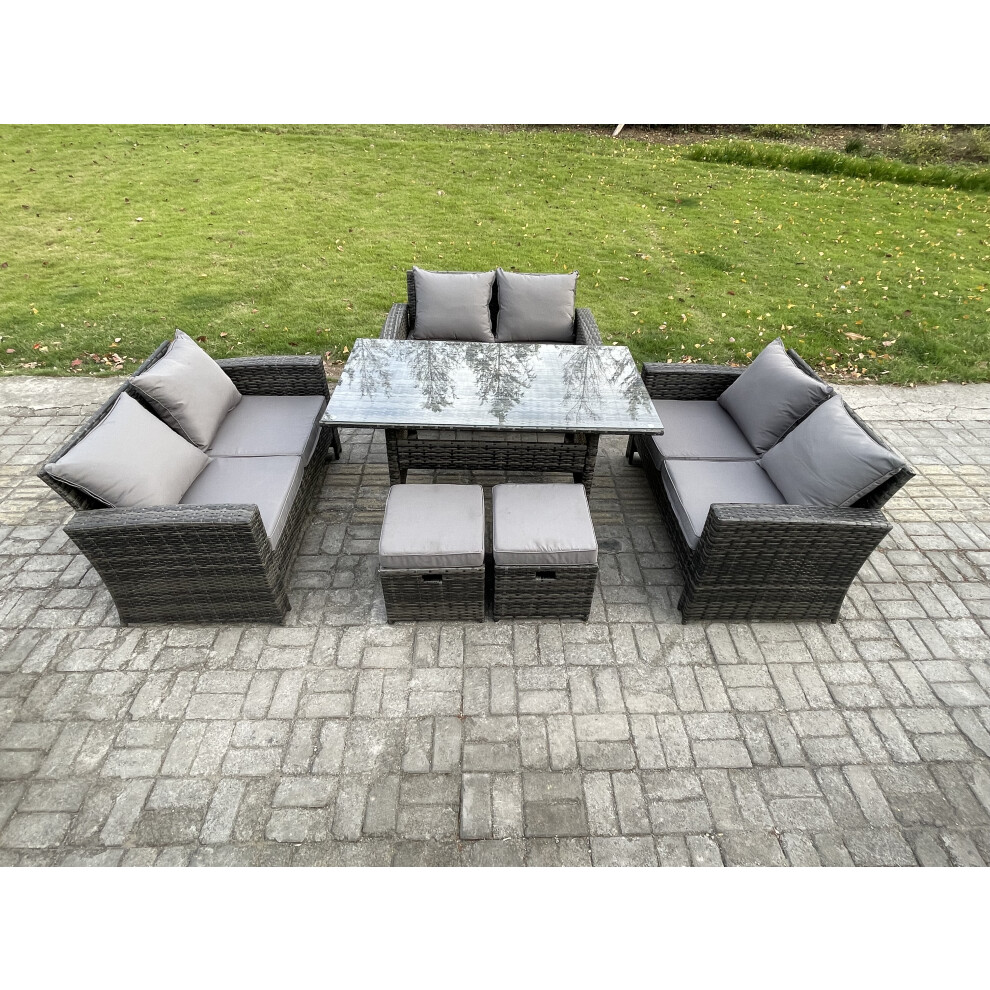 Fimous Dark/Grey Wicker Pe Rattan Garden Furniture Sets Outdoor Lounge Sofa Set With Oblong Dining Table Double Seat Sofa 2 Small Footstools Mixed - Image 2