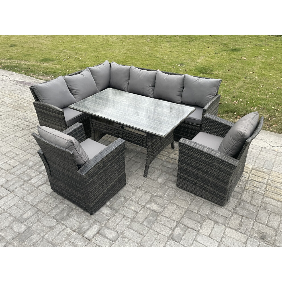 Rackhams Dark/Grey 8 Seater Outdoor Rattan Garden Furniture Set With Rectangular Dining Table 2 Armchairs Patio Wicker Corner Sofa Set Mixed - Image 2