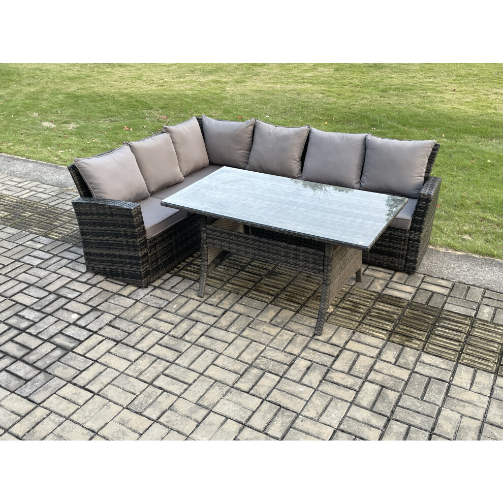 Rackhams Dark/Grey 6 Seater Garden Rattan Furniture Corner Dining Set Rectangular Dining Table Indoor Outdoor Lounge Sofa Set Mixed - Image 2