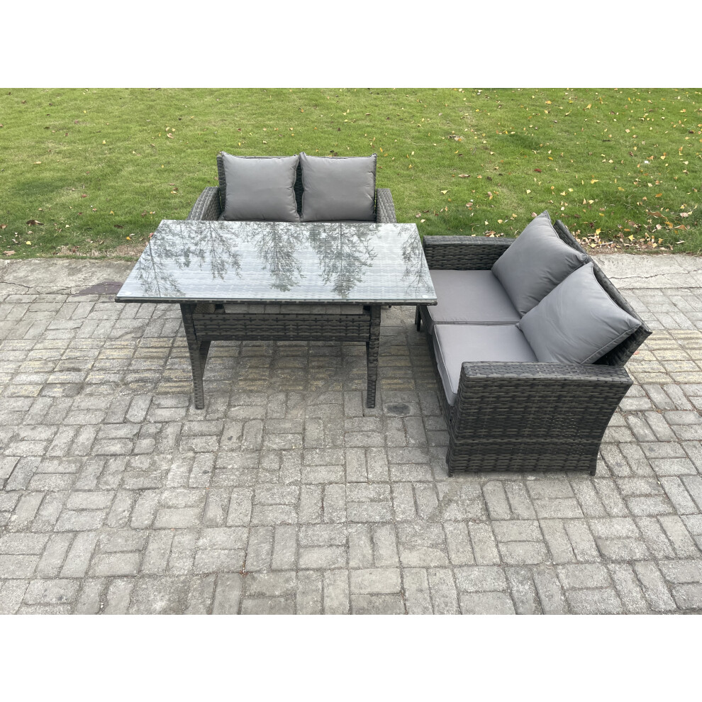 Fimous Dark Grey Pe Wicker Rattan Garden Furniture Set Love Sofa Outdoor Rectangular Dining Table