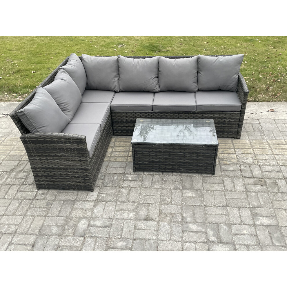 Fimous Rattan Lounge Corner Sofa Set Wicker Pe Outdoor Garden Furniture Set With Rectangular Coffee Table Dark Grey Mixed Brown,Grey