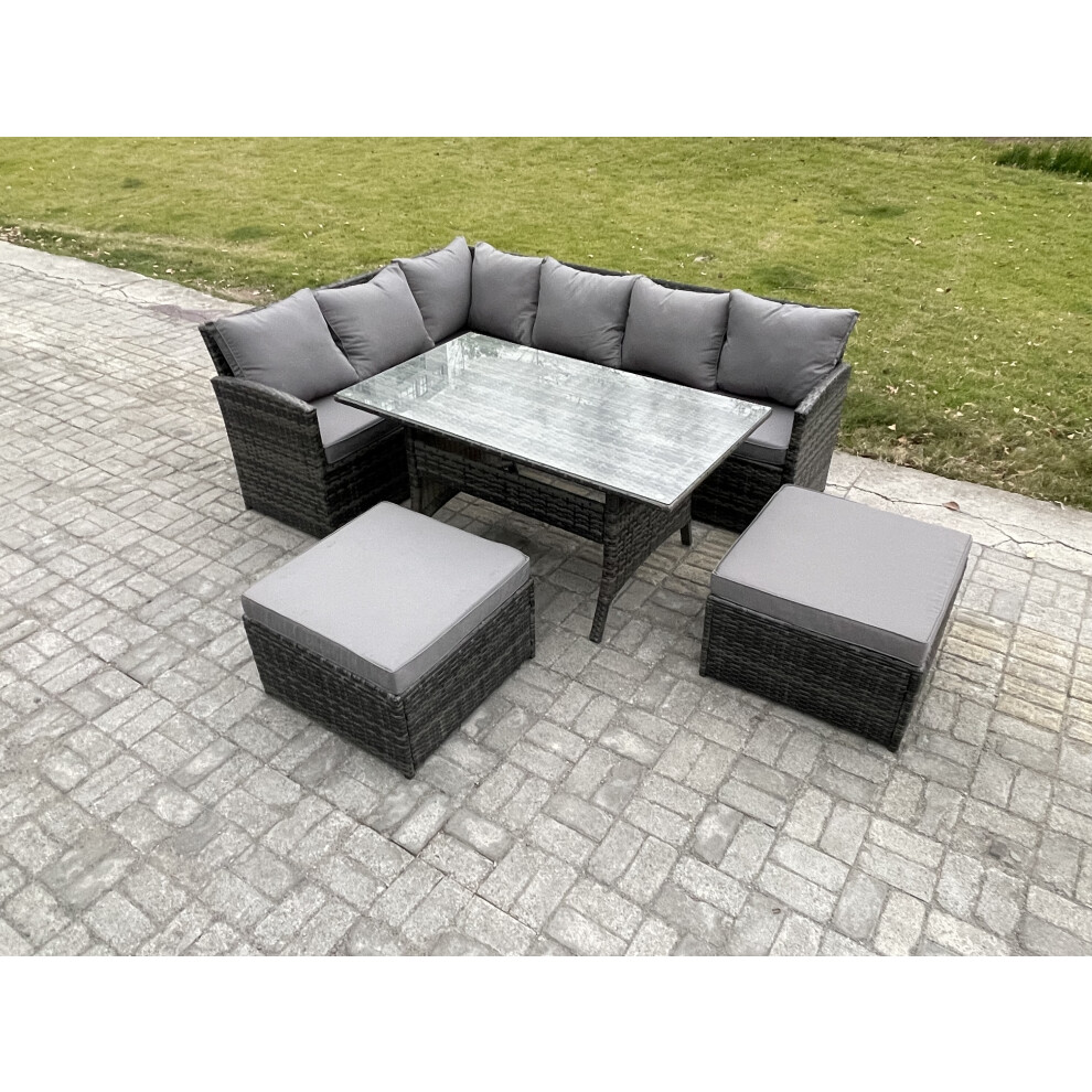 Fimous 8 Seater Outdoor Rattan Garden Furniture Set With Rectangular Dining Table 2 Big Footstool Patio Wicker Corner Sofa Set Dark Mixed Grey