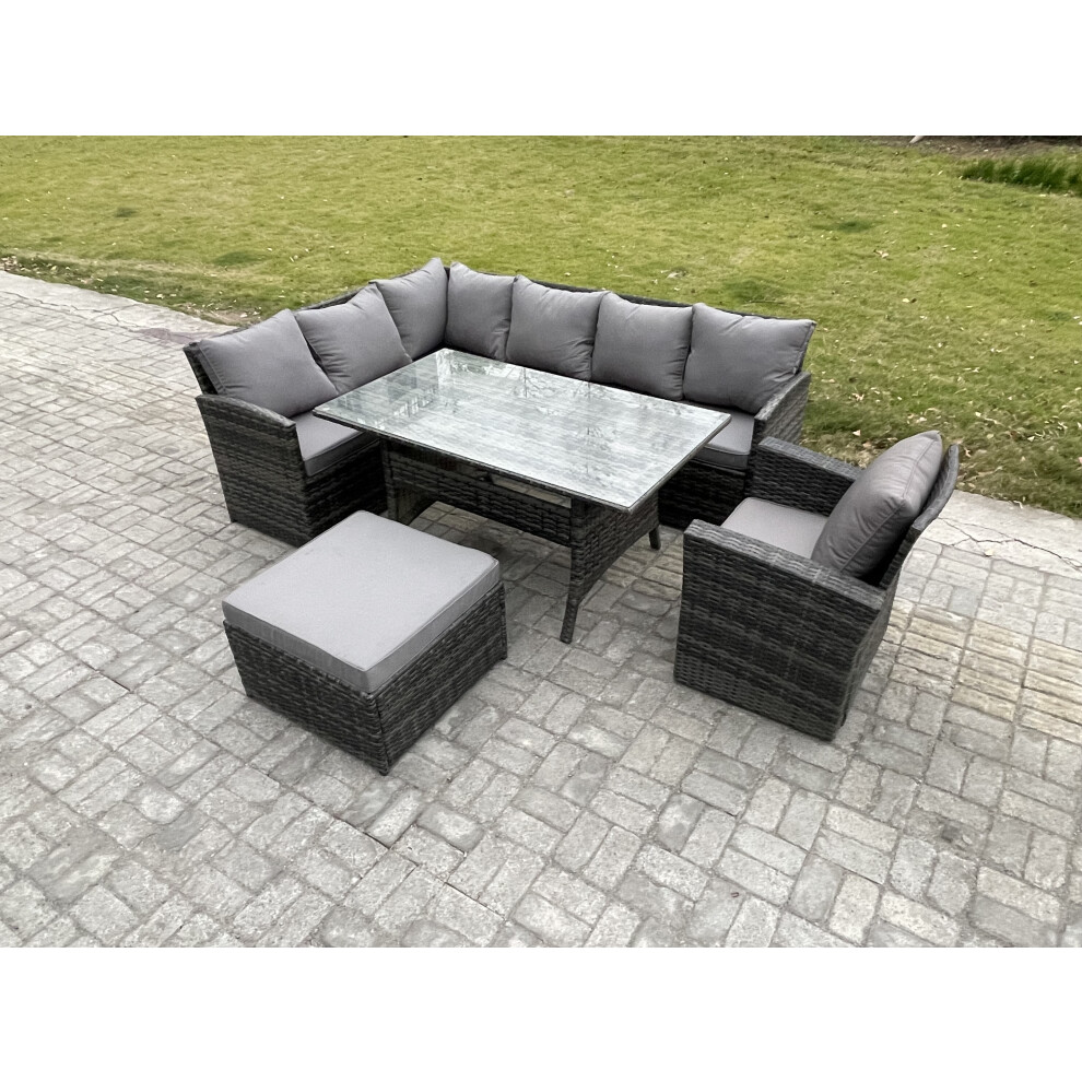 Fimous 8 Seater Outdoor Rattan Garden Furniture Set With Rectangular Dining Table Big Footstool Armchair Patio Wicker Corner Sofa Set