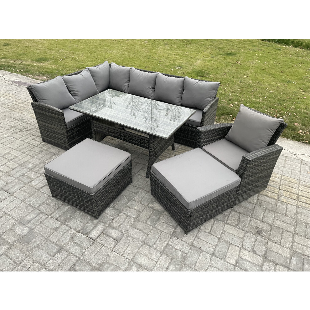 Fimous Dark/Grey 9 Seater Mixed Rattan Outdoor Corner Sofa Set - Rectangular Dining Table, 2 Footstools & Armchair - Image 2