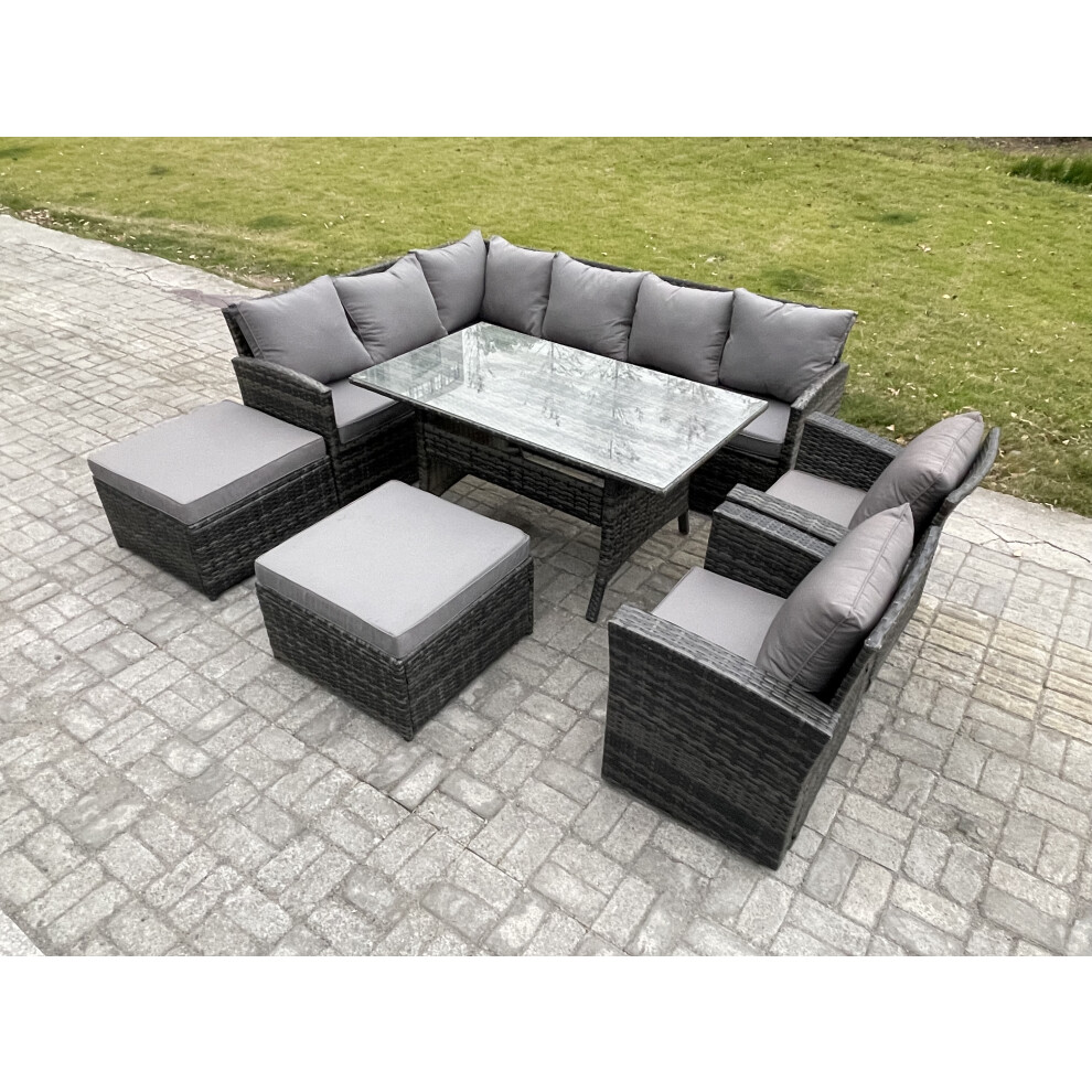 Rackhams Dark/Grey 10-Seater Rattan Outdoor Corner Sofa Set | Rectangular Dining Table, 2 Armchairs, 2 Large Footstools - Image 2