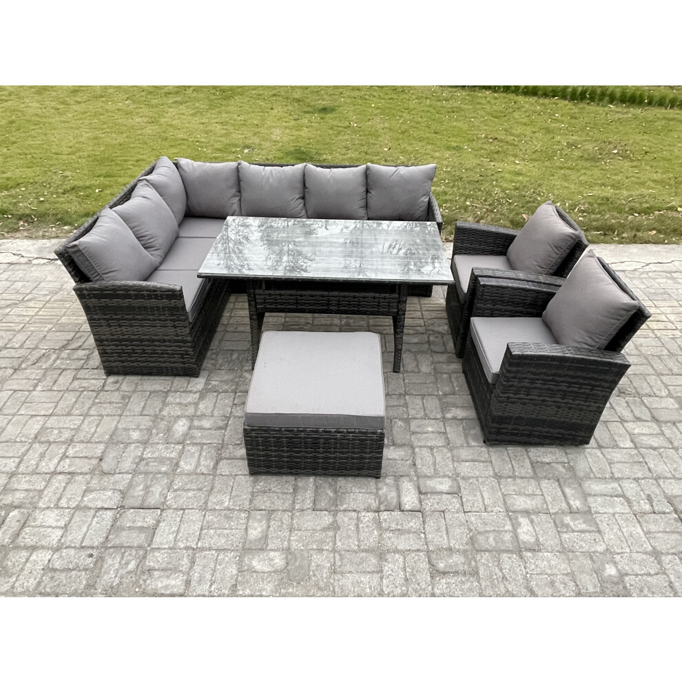 Rackhams Dark/Grey 9 Seater Mixed Rattan Outdoor Corner Sofa Set - Rectangular Dining Table, Footstool & 2 Armchairs - Image 2