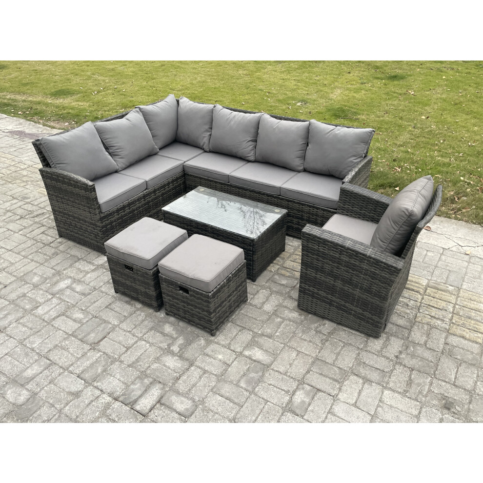Rackhams Dark/Grey Rattan Lounge Corner Sofa Set Wicker Pe Outdoor Garden Furniture Set With Rectangular Coffee Table 2 Small Footstools Chair Mixed - Image 2