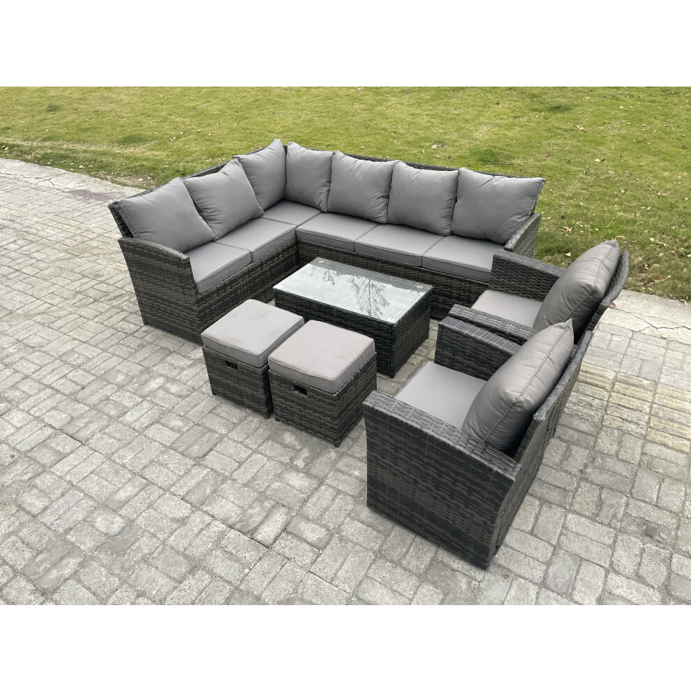 Fimous 10 Seater Rattan Lounge Corner Sofa Set Wicker Pe Outdoor Garden Furniture Set With Coffee Table 2 Small Footstools 2Armchair Dark Grey Mixed