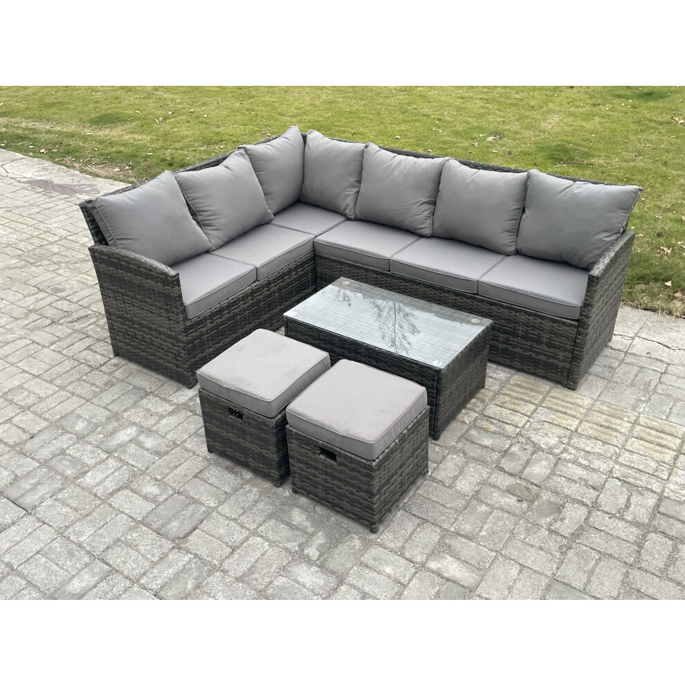 Rackhams Dark/Grey Rattan Lounge Corner Sofa Set Wicker Pe Outdoor Garden Furniture Set With Rectangular Coffee Table 2 Small Footstools Mixed - Image 2