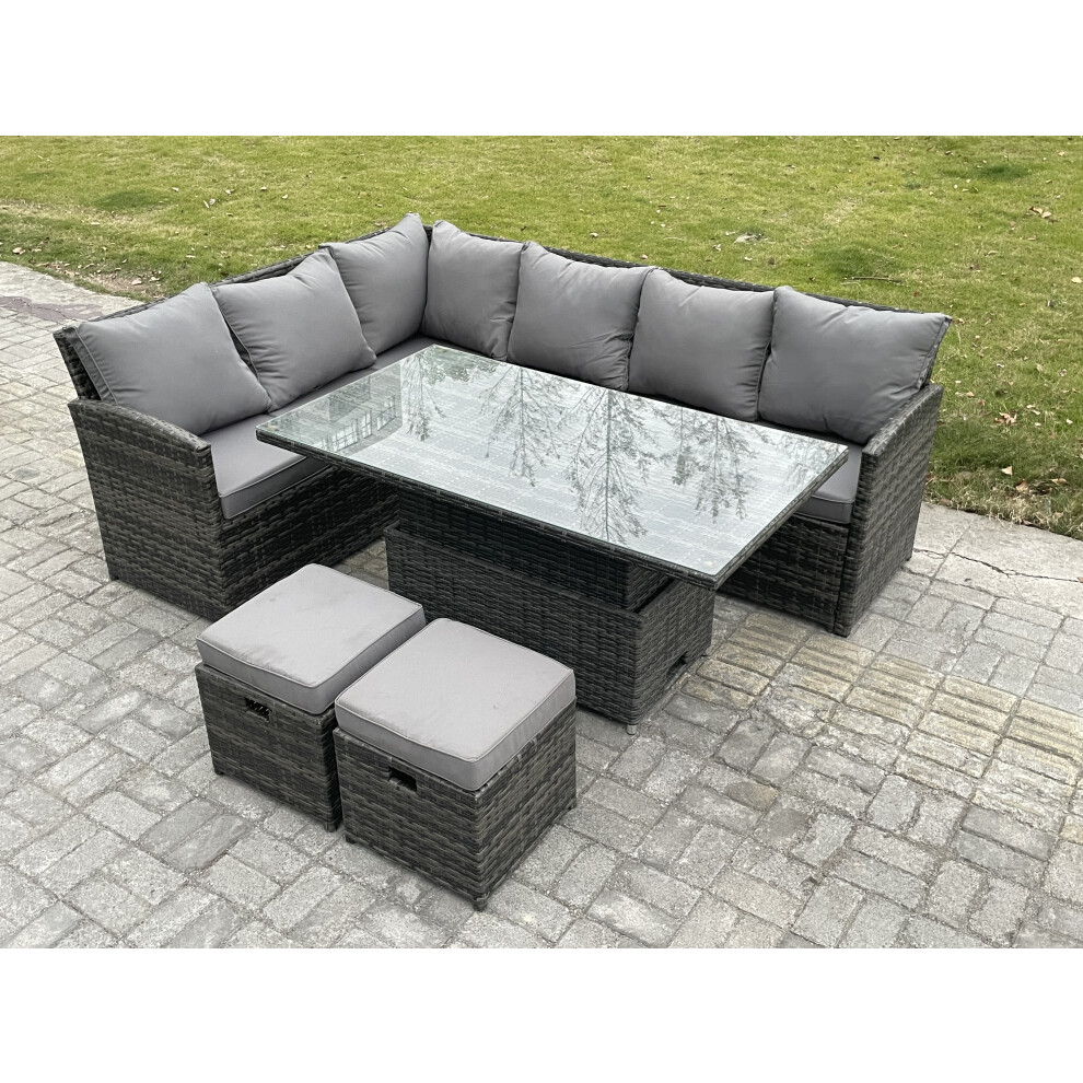 Rackhams Dark/Grey Wicker Pe Outdoor Rattan Garden Furniture Set Height Adjustable Rising Lifting Table Sofa Dining Set With 2 Small Footstools Mixed - Image 2