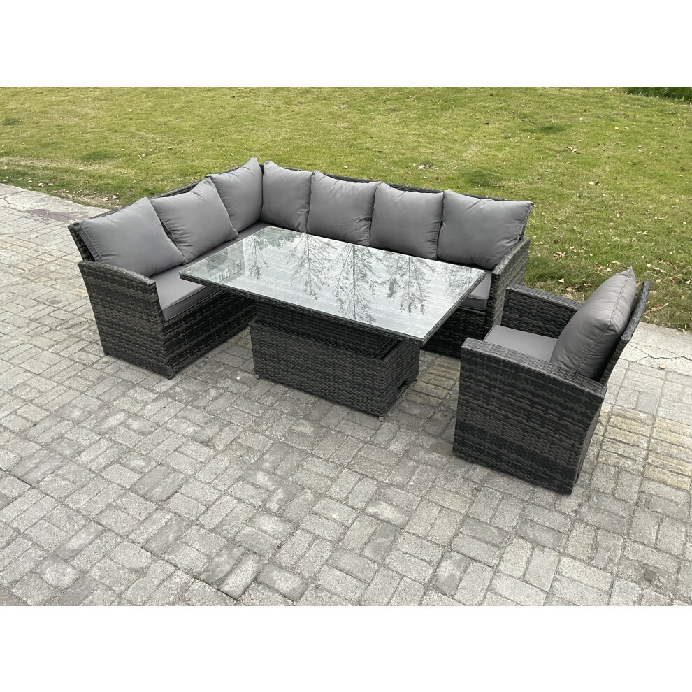 Fimous Wicker PE Outdoor Rattan Garden Furniture Set Height Adjustable Rising Lifting Table Sofa Dining Set with Armchair Dark Grey Mixed-image-OPC-PDPF2TB-NEW