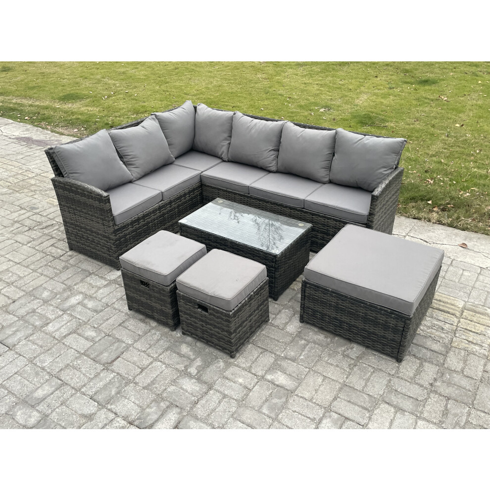 Fimous Dark/Grey 9 Seater Rattan Lounge Corner Sofa Set Wicker Pe Outdoor Garden Furniture Set With Coffee Table 3 Footstools Mixed - Image 2