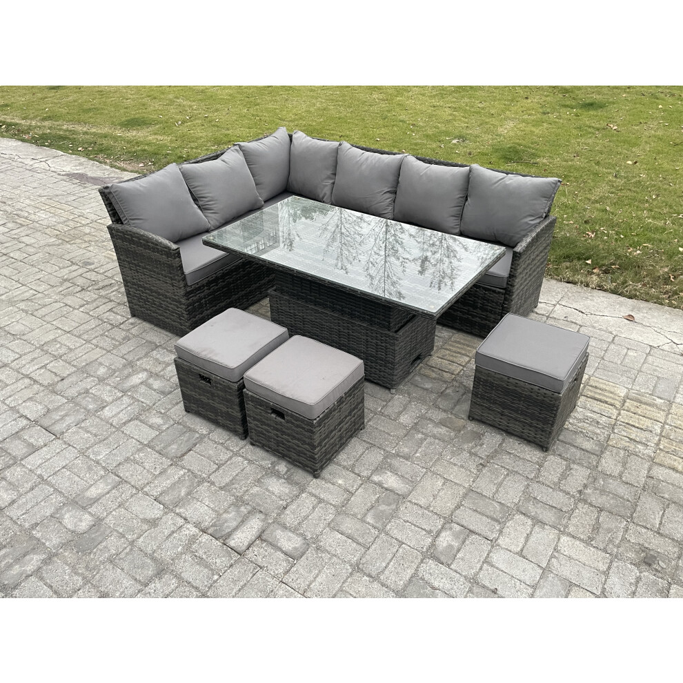 Fimous Wicker Pe Outdoor Rattan Garden Furniture Set Height Adjustable Rising Lifting Table Sofa Dining Set With 3 Small Footstools Dark Grey Mixed