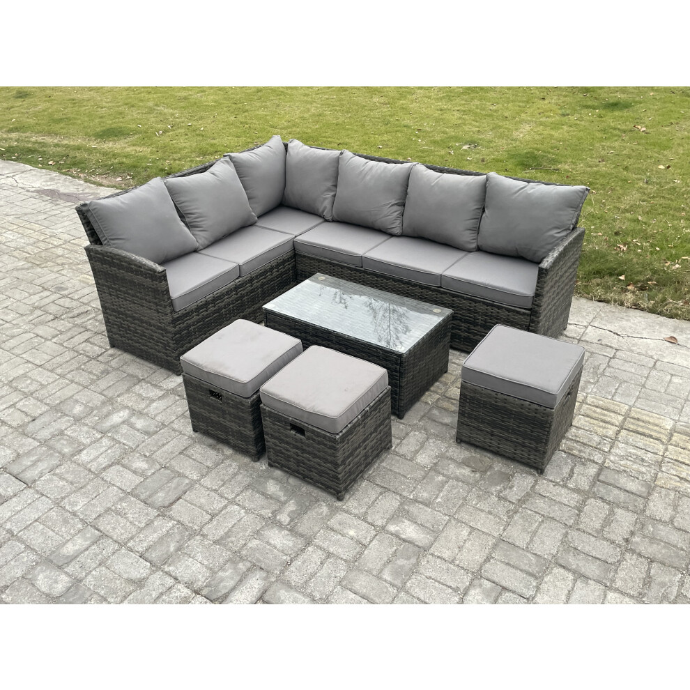 Fimous Dark/Grey Rattan Lounge Corner Sofa Set Wicker Pe Outdoor Garden Furniture Set With Rectangular Coffee Table 3 Small Footstools Mixed - Image 2