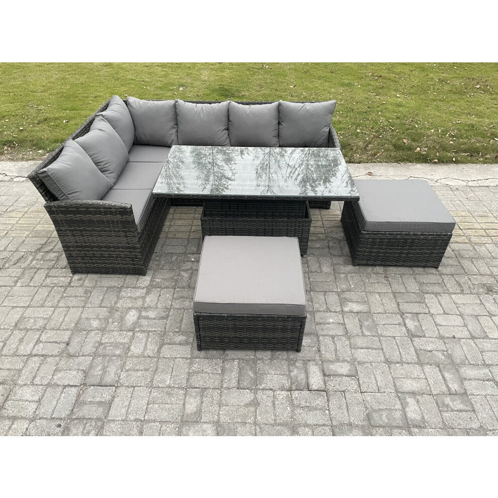Fimous Outdoor Garden Furniture Set Wicker Pe Rattan Height Adjustable Rising Lifting Table Sofa Dining Set With 2 Big Footstool Dark Grey Mixed