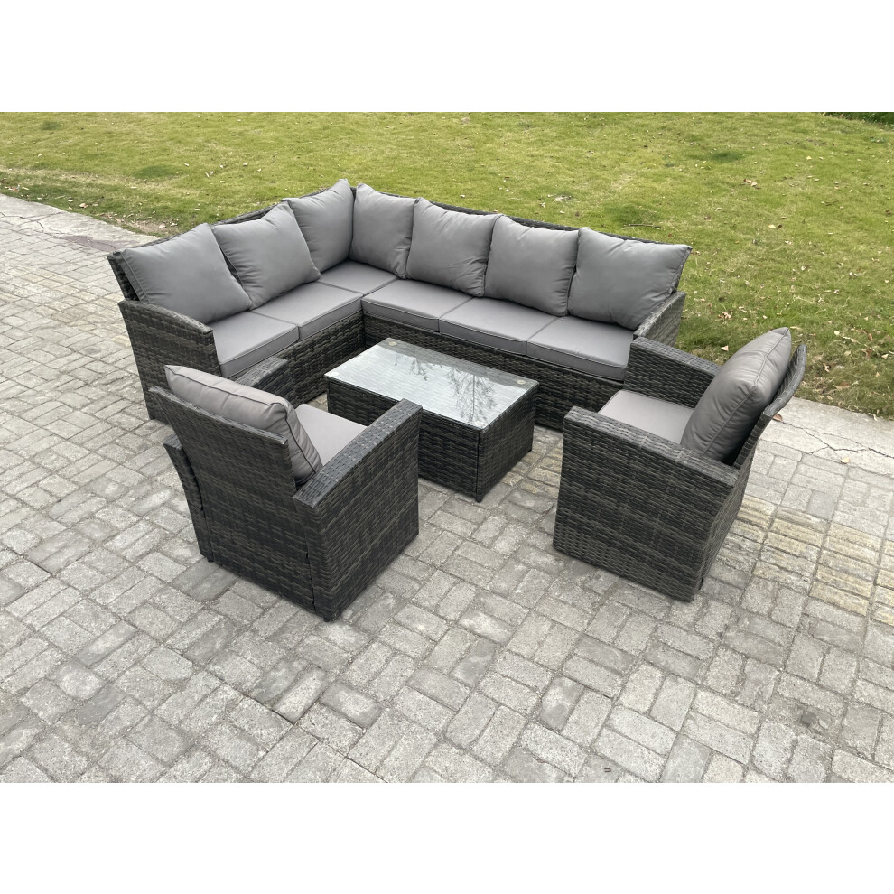 Fimous Unisex Dark Grey Rattan Lounge Corner Sofa Set Wicker Pe Outdoor Garden Furniture Set With Rectangular Coffee Table Armchairs In Size 2 - Image 2