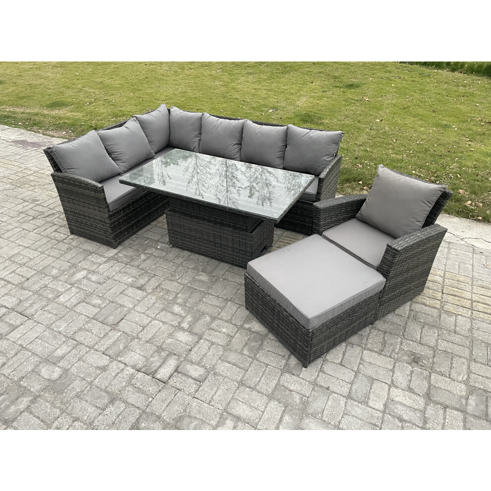 Fimous Wicker PE Outdoor Rattan Garden Furniture Set Height Adjustable Rising Lifting Table Sofa Dining Set with Big Footstool Armchair-image-OPC-PDPF2TH-NEW