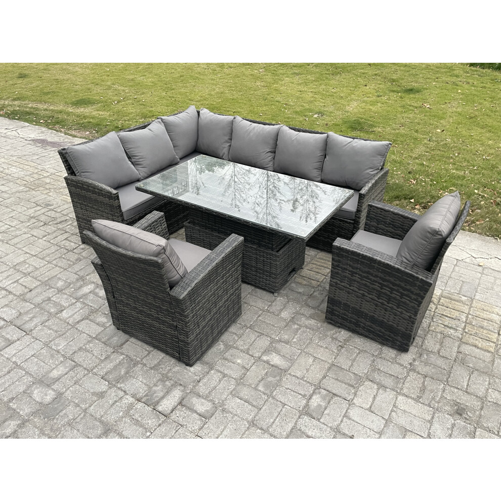 Fimous Wicker Pe Outdoor Rattan Garden Furniture Set Height Adjustable Rising Lifting Table Sofa Dining Set With 2 Armchairs Dark Grey Mixed