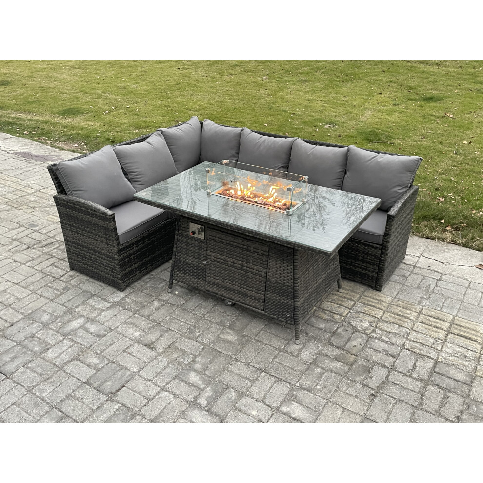 Fimous Rattan Garden Furniture High Back Corner Sofa Gas Fire Pit Dining Table Sets Gas Heater 6 Seater Dark Mixed Grey