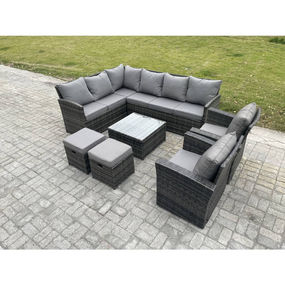 Fimous Dark/Grey 10 Seater Outdoor Garden Furniture Set Wicker Pe Rattan Corner Sofa Set With Square Coffee Table 2 Small Footstools 2 Armchairs Mixed - Image 2