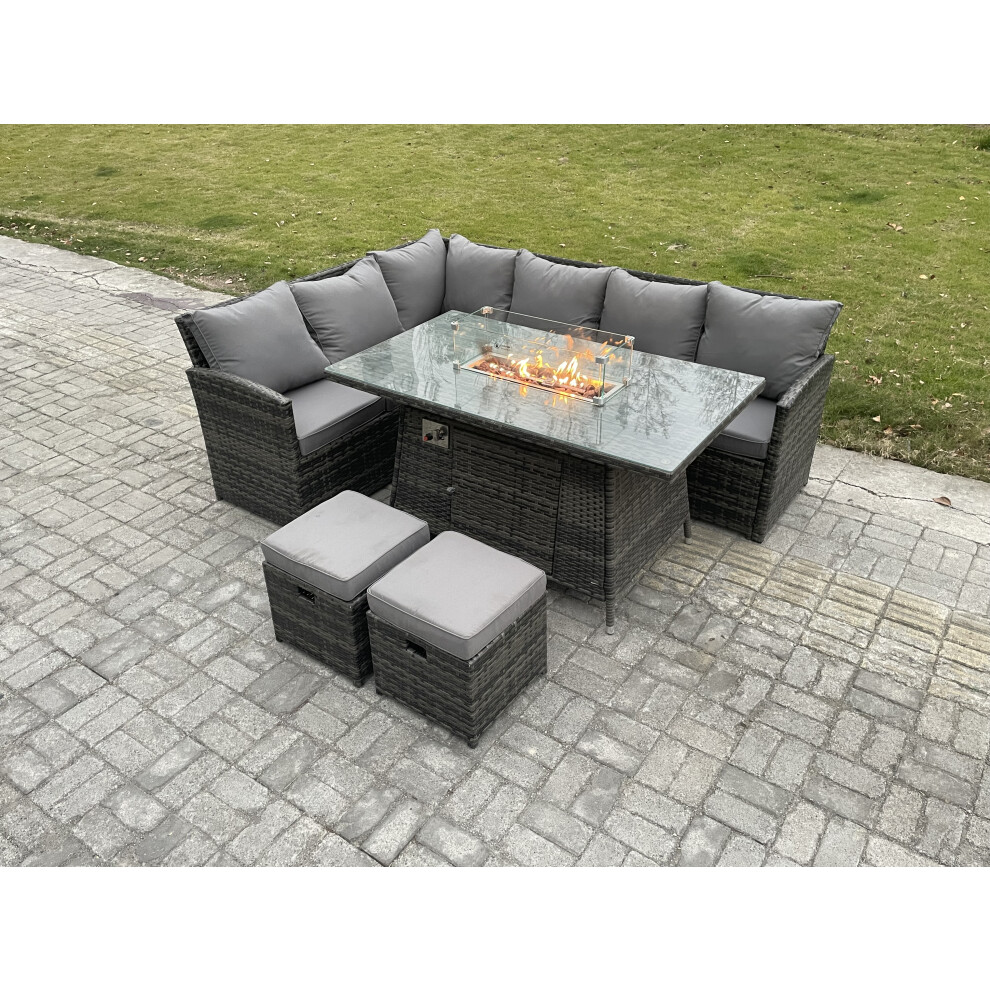 Rattan Garden Furniture High Back Corner Sofa Gas Fire Pit Dining Table Sets Gas Heater with 2 Small Footstools 8 Seater