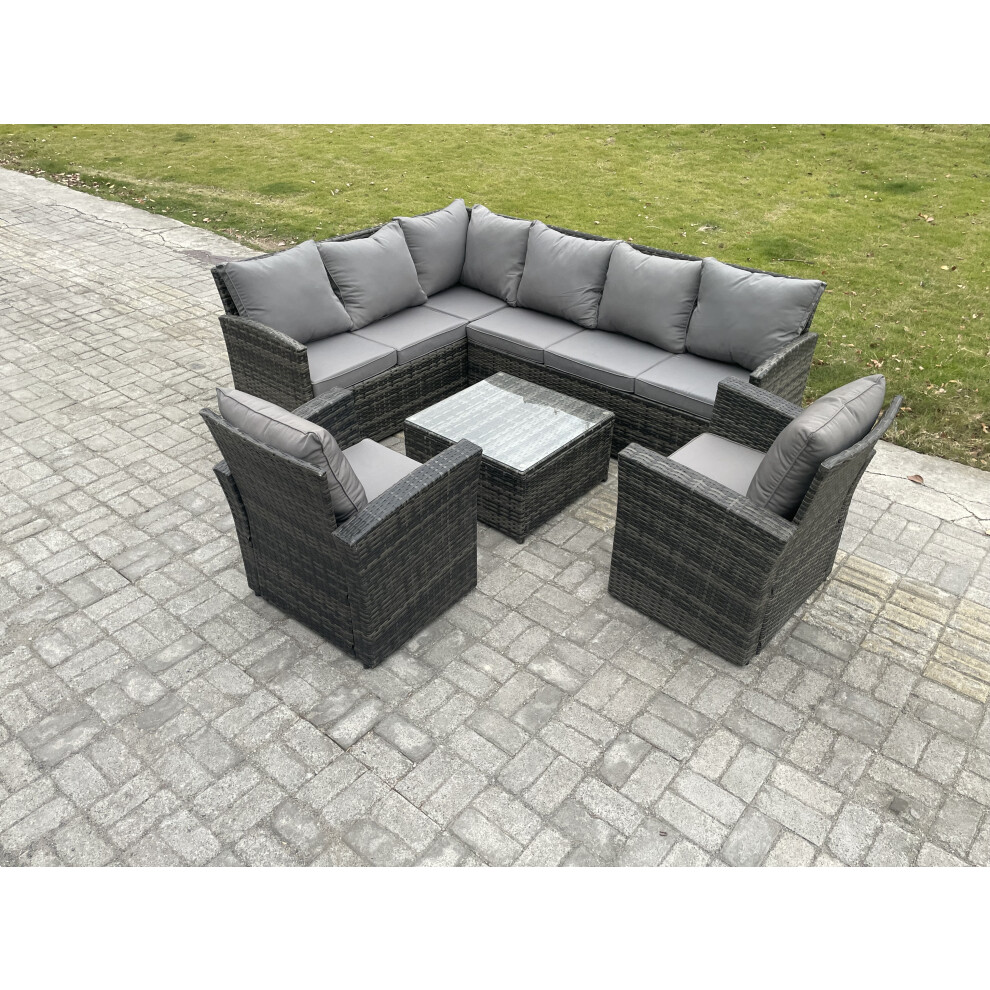 Fimous Unisex Dark Grey Seater Outdoor Garden Furniture Set Wicker Pe Rattan Corner Sofa Set With Square Coffee Table 2 Armchairs Mixed Size 8 - Image 2