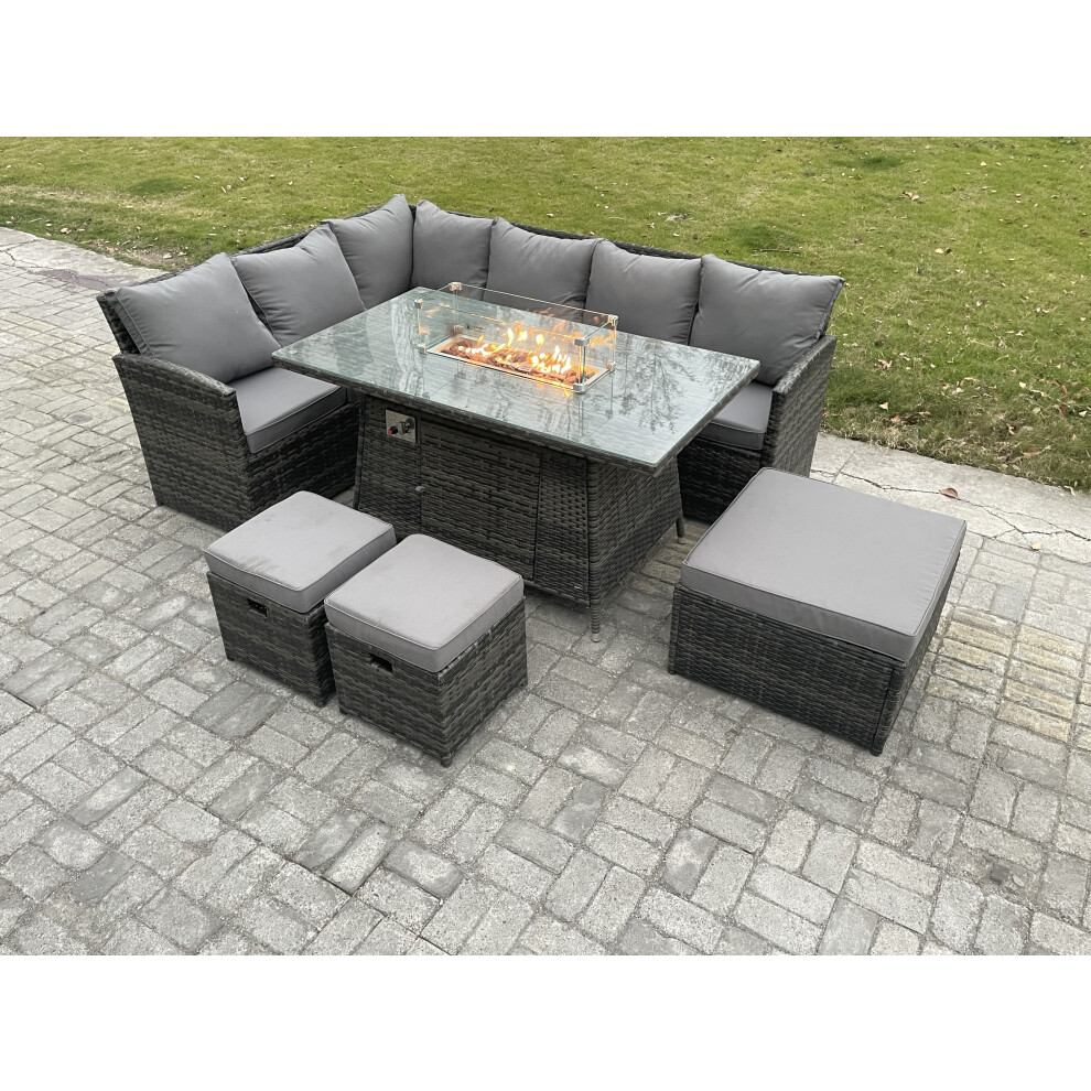 Rackhams Dark/Grey Rattan Garden Furniture High Back Corner Sofa Gas Fire Pit Dining Table Sets Gas Heater With 3 Footstools 9 Seater Mixed - Image 2