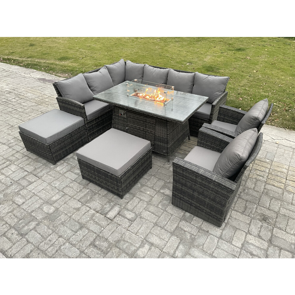 Rackhams Dark/Grey 10-Seater Rattan Corner Sofa Dining Set | Outdoor Gas Fire Pit Table & Heater, 2 Armchairs, 2 Footstools - Image 2