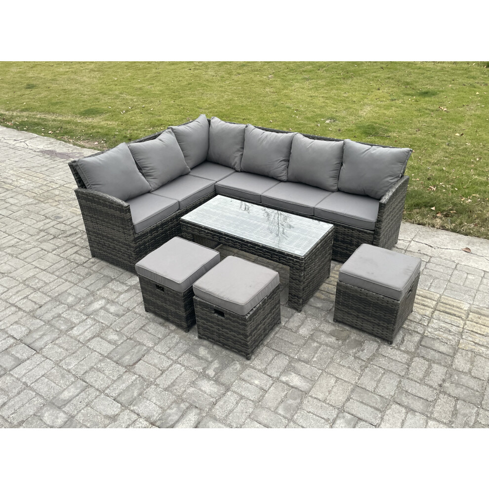 Fimous 9 Seater Outdoor Rattan Garden Furniture Set Corner Sofa Oblong Coffee Table Sets With Patio 3 Small Footstools Dark Grey Mixed