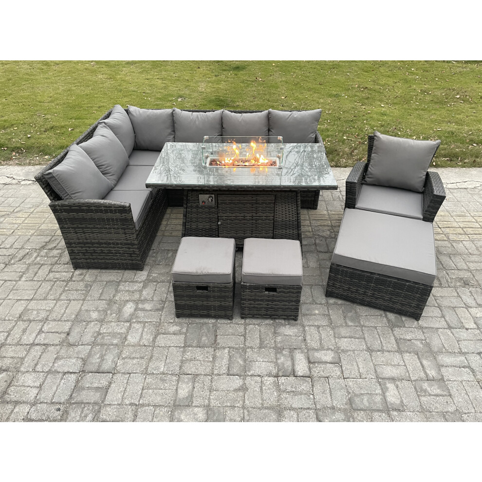 Fimous 10 Seater Outdoor Rattan Garden Furniture Set Corner Sofa Gas Fire Pit Dining Table Sets Gas Heater With 3 Footstools Armchair