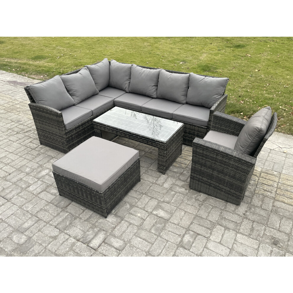 Rackhams Dark/Grey Rattan Garden Furniture Sets High Back Corner Sofa Oblong Coffee Table Set With Big Footstool Armchair Mixed - Image 2