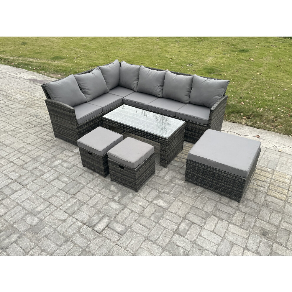 Fimous Dark/Grey 9 Seater Outdoor Rattan Garden Furniture Set Corner Sofa Oblong Coffee Table Sets With Patio 3 Footstools Mixed - Image 2
